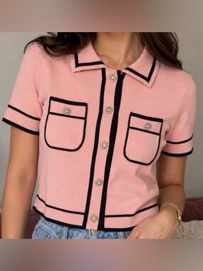 On 12th Pink Short-Sleeve Button-Front Top with Black Trim